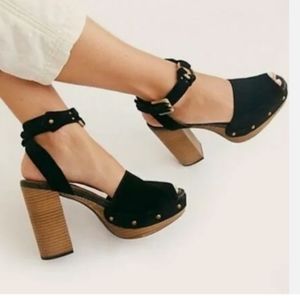Free People Justine Platform Black Suede Block Heel Sandals Size 8.